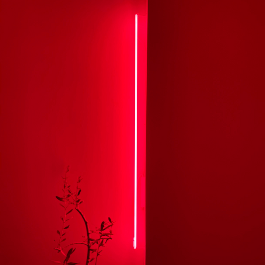 Neon light on a red wall with a minimalistic design